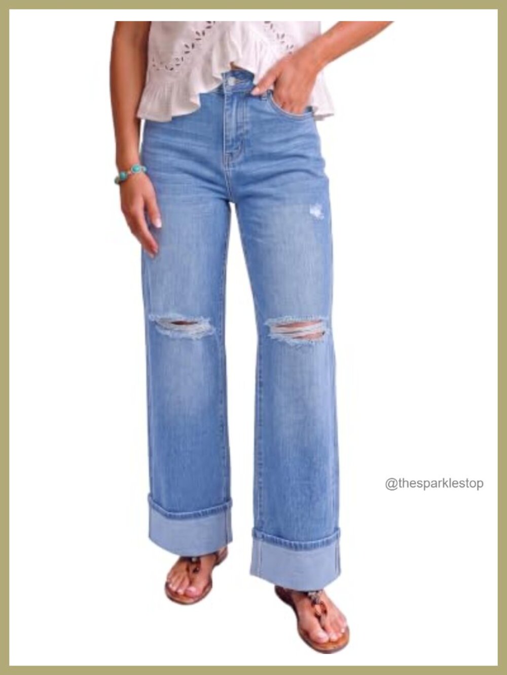 Wide Leg High Waisted Stretchy Ripped Denim Jeans Rolled Hem